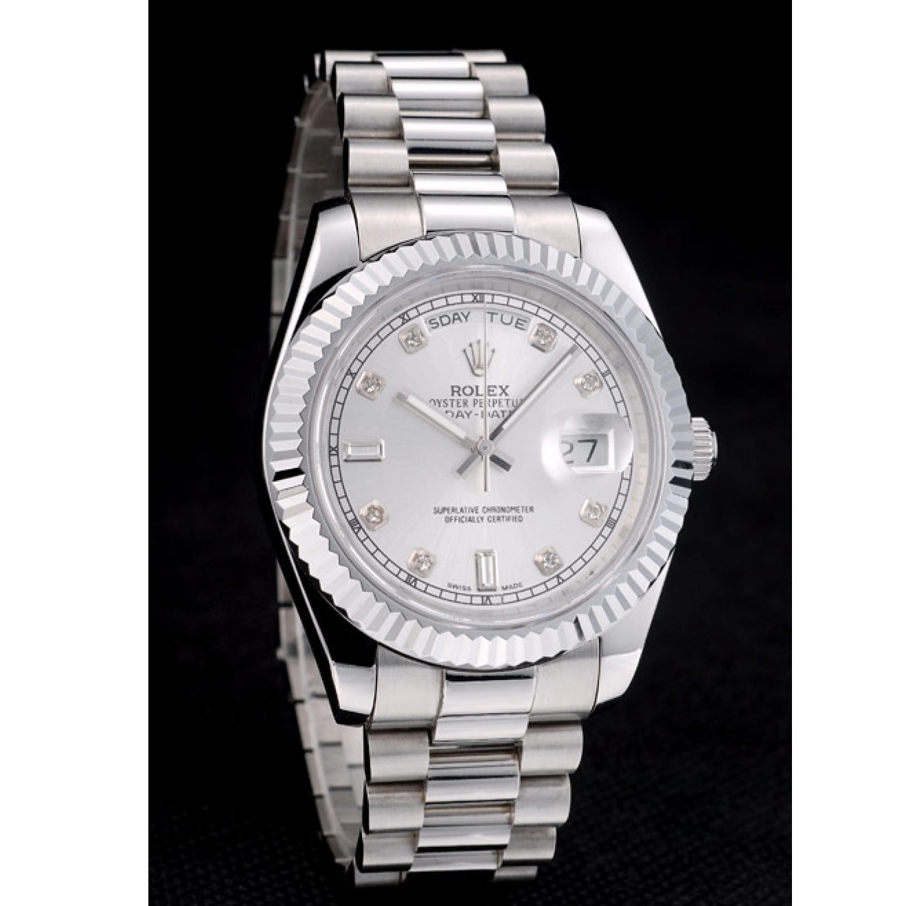 Rolex aaa copy Swiss Silver Ribbed Steel Rolex DayDate Stainless Bezel Dial 41995 0503